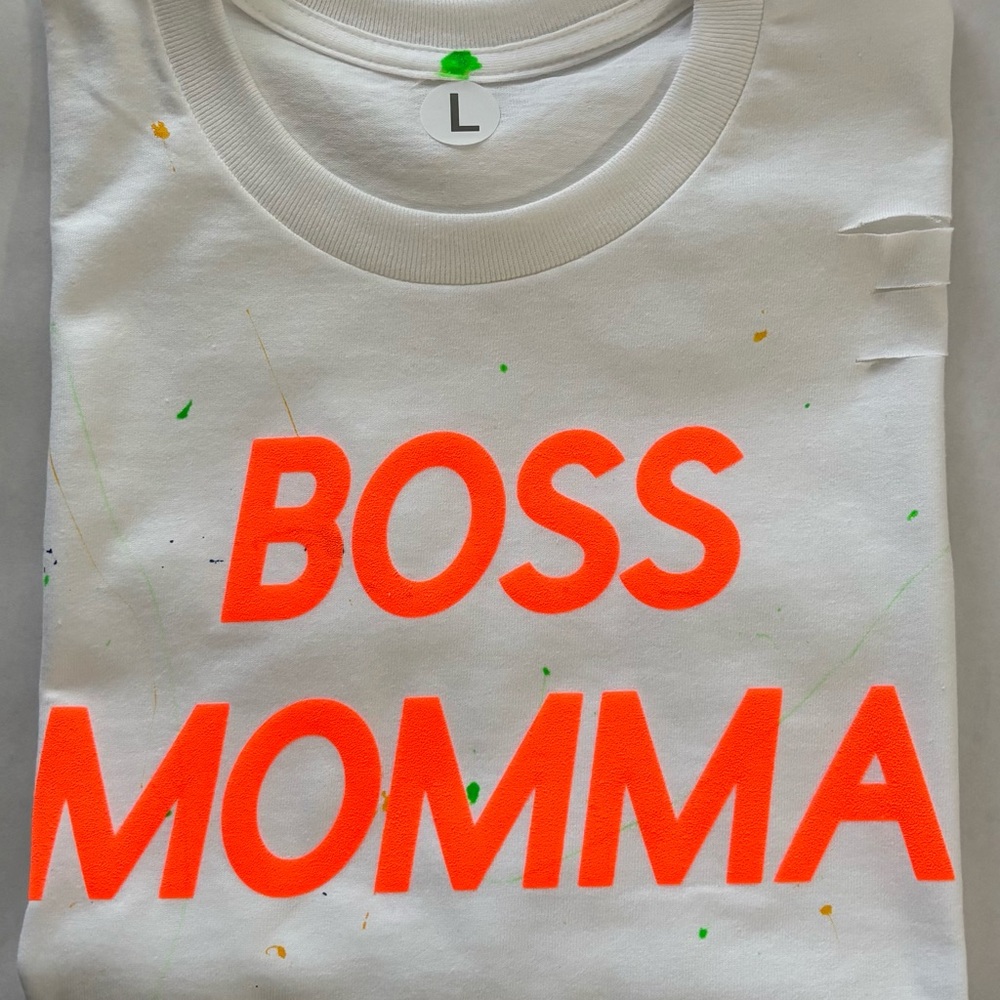 White T-Shirt with Orange 'BOSS MOMMA' Print